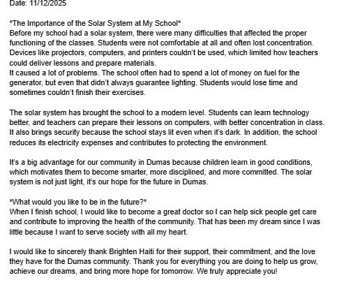 A student essay from Dumas, Haiti