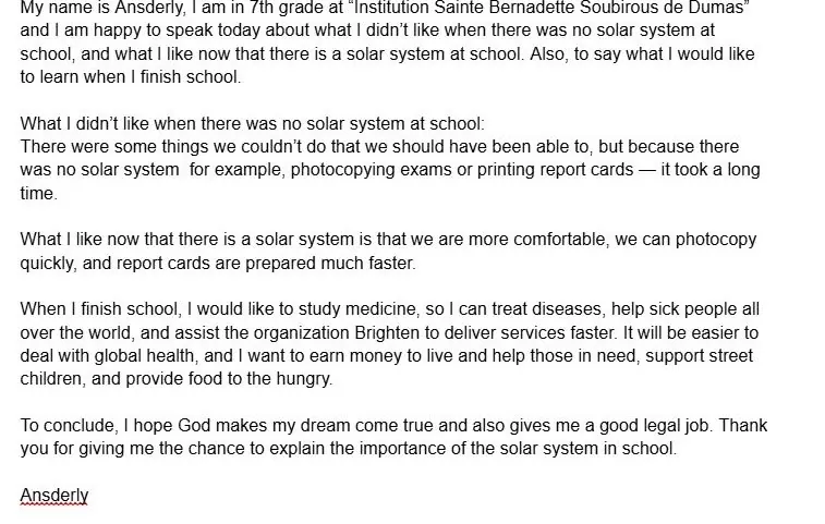 A student essay from Dumas, Haiti